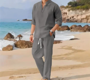 Men's Retro Cotton Linen Stand-Up Collar Long-Sleeved Suit Spring-Autumn Fashionable Loose Pure-Color Two-Piece Set