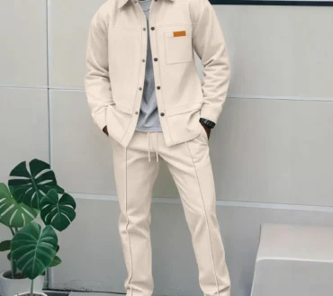 Spring and autumn men's high-quality waffle pure color placket pocket jacket set - a stylish and casual two-piece outfit