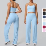 Women Quick Drying Gym Sports Fitness Clothing Yoga Set Backless Sexy Strap Bra with Chest Pad High Waisted Wide Leg Pants Set
