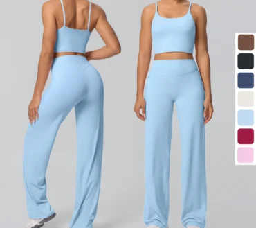 Women Quick Drying Gym Sports Fitness Clothing Yoga Set Backless Sexy Strap Bra with Chest Pad High Waisted Wide Leg Pants Set