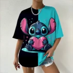 Kawaii women's T-shirt Disney Lilo&Stitch casual Y2k T-shirt round neck short sleeved T-shirt 2025 summer women's clothing