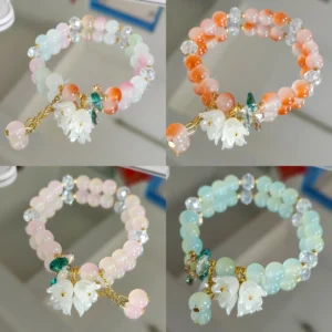 Korean New Lily of the Valley Flower Bracelet For Women Purple Green Blue Colorful Crystal Beaded Elastic Rope Bracelets Jewelry