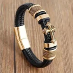 Vintage Hand Woven Eco-Friendly Leather Cross Bracelet with Magnetic Clasp Men's Fashion Pendant Religious Amulet Jewelry