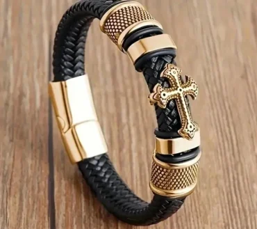 Vintage Hand Woven Eco-Friendly Leather Cross Bracelet with Magnetic Clasp Men's Fashion Pendant Religious Amulet Jewelry