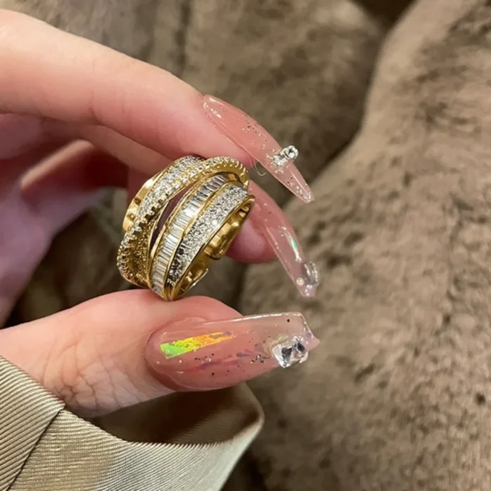 New Trendy Luxury Geometry Shiny Zircon Multi-layered Finger Gold Color Stainless Steel Couple Ring for Women Men Jewelry Gift