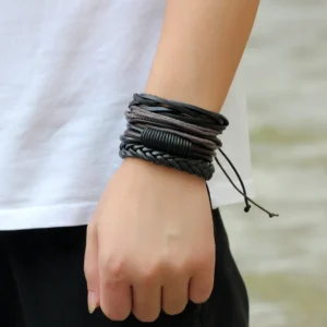 4Pcs Set Vintage Fashion Black Wrap Woven Men Leather Bracelets Women Charms Handmade Hip Hop Bangle Accessories Jewelry Gift
