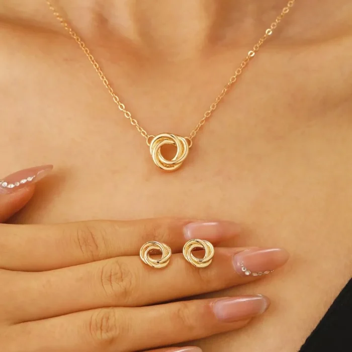 2pcs Set Classic Trendy Gold Color Circle Fried Dough Twist Necklace Earring for Women Collar Chain Jewelry Sets Accessory Gifts