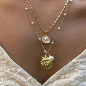 2pcs Set Fashion Boho Gold Color Marine Shell Starfish Pendant Pearl Chain Multi-layer Fold Wear Necklace for Women Jewelry Sets
