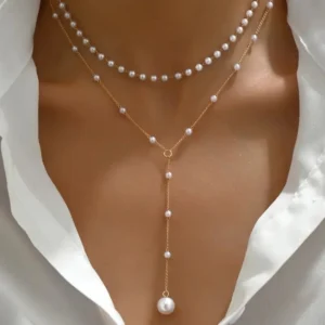 Charm Trendy Double-deck Imitation Pearl Beaded Long Pendant Necklaces for Women Temperament Summer Beach Jewelry Accessories