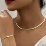 2pcs Set Personality Minimalist Gold Color Blade Chain Plain Chain Snake Chain Necklace Bracelet for Women Trendy Jewelry Sets