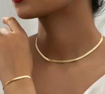 2pcs Set Personality Minimalist Gold Color Blade Chain Plain Chain Snake Chain Necklace Bracelet for Women Trendy Jewelry Sets