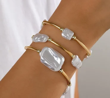 3pcs Set Temperament Luxury Irregular ABS Imitation Pearl Elastic Bracelets for Women Fold Wear Multi-piece Bangles Jewelry Sets