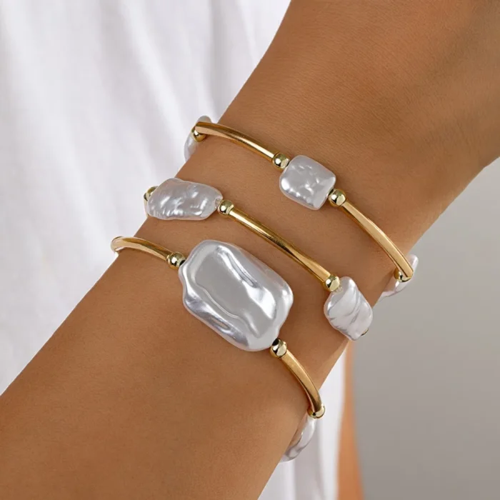 3pcs Set Temperament Luxury Irregular ABS Imitation Pearl Elastic Bracelets for Women Fold Wear Multi-piece Bangles Jewelry Sets
