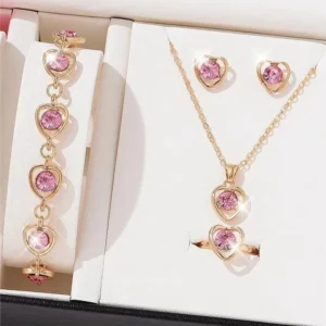 4pcs Set Luxury Fashion Heart Crystal Necklace Bracelet Ring Earring for Women Exquisite Wedding Party Jewelry Set Holiday Gift