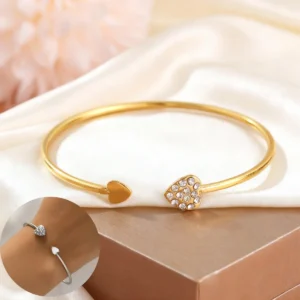 1pc Elegant Gold Color Bangle with Heart-Shaped Shiny Zirconia Adjustable Open Cuff Bracelet for Women Accessory