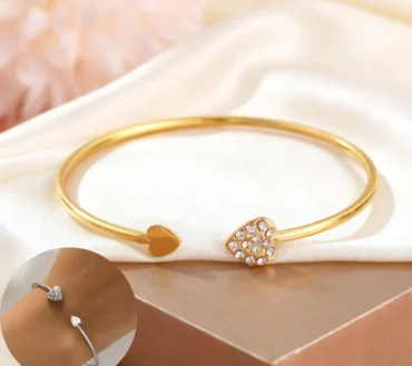 1pc Elegant Gold Color Bangle with Heart-Shaped Shiny Zirconia Adjustable Open Cuff Bracelet for Women Accessory