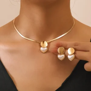 2pcs Set Minimalist Creative Gold Color Circular Heart-shaped Pendant Snake Bone Chain Necklace Earrings for Women Jewelry Sets