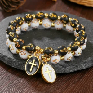 Fashion Cross Pendant Beaded Bracelet for Women Men Rosary Religious Catholic Bracelet Travel Souvenir Gifts Jewelry Accessories