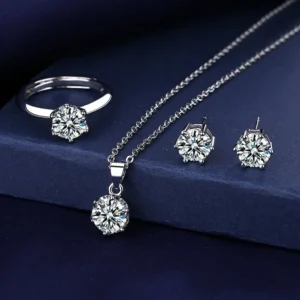 Classic Luxury Super Shiny Six-clawed Moissanite Pendant Necklace 1-carat Ring Earring Set for Women Bride Wedding Jewelry Sets