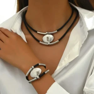 2pcs Set Boho Retro Double-layer Leather Rope Silver Color Oval Pendant Necklace Bracelet for Women Jewelry Sets Accessory Gifts