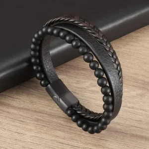 Vintage Punk Hand Woven Three Layer Leather Black Beaded Bracelet Magnetic Bracelet Clasp Men's Charm Business Event Jewelry