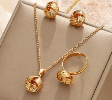 3pcs Set Fashion Creativity Geometry Stereo Knotting Pendant Necklaces Earrings Rings for Women Charm Jewelry Set Accessory Gift