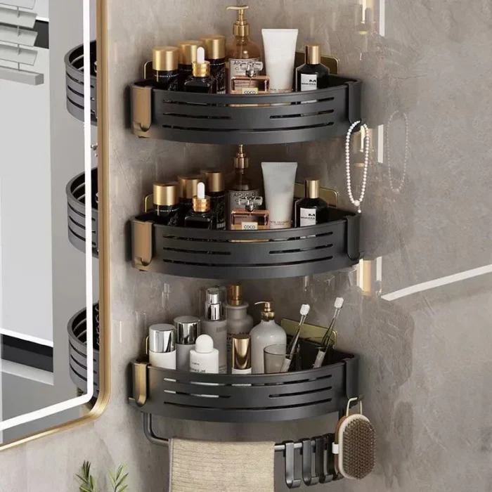 No Drill Bathroom Corner Shelf Wall Mounted Shower Corner Shelves with Hook Towel Bar Space Aluminum Bathroom Organizer Rack